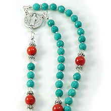 Load image into Gallery viewer, Silver Inches Catholic Prayer Beads Turquoise Coral Saint Benedict Catholic Rosary with Swarovski Beads Blessed with Anointing Oil (Not a Necklace)