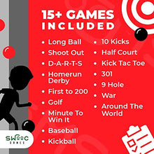 Load image into Gallery viewer, SWOOC Games - Giant Kick Darts (Over 6ft Tall) with Over 15 Games Included - Giant Inflatable Outdoor Dartboard with Soccer Balls, Air Pump & Score Card - Jumbo Foot Darts Game with Big Target (Red)