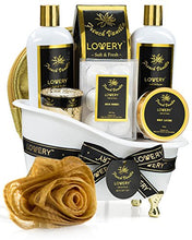 Load image into Gallery viewer, Bath Gift Basket Set for Women: Relaxing at Home Spa Kit Scented with French Vanilla - Includes Bath Bombs, Salts, Shower Gel, Body Butter Lotion, Spa Candle, Bubble Bath, Loofah and More