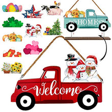 Load image into Gallery viewer, Winder Truck Welcome Sign & Home Sign, 2-Side Red Truck Christmas Decor Signs with 10 Pcs Icons for Front Door, Holiday, Fall, Christmas, Harvest, Easter, Halloween, Seasonal and Interchangeable Wall Hanging & Freestanding Tabletop Decor for Your Home