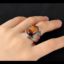 Load image into Gallery viewer, PMTIER Men's Stainless Steel Oval Tiger Eyes Gemstone Ring Silver Size 12