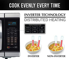 Load image into Gallery viewer, Farberware Black FMO11AHTBSJ 1.1 Cu. Ft 1100-Watt Microwave Oven with Smart Sensor Cooking, Inverter Technology, ECO Mode and Blue LED Lighting, Black Stainless Steel