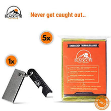 Load image into Gallery viewer, Black Kite Outdoor XL Survival Mylar Thermal Space Blankets (5 -Pack) + Magnesium Flint Block & Striker Fire Starter Designed to Retain Heat, Outdoors, Hiking, Camping, First Aid, Marathon, Emergency