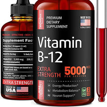 Load image into Gallery viewer, Vitamin B12 Sublingual - Natural B12 Vitamin 5000 mcg - Made in The USA - Methylcobalamin B12 Liquid Supplement - Energy, Mood & Metabolism Increase - Vegan B12 Drops