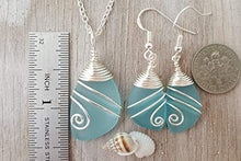 Load image into Gallery viewer, Handmade in Hawaii, Wire wrapped turquoise bay blue sea glass Necklace+Earrings Set,"December Birthstone", (Hawaii Gift Wrapped, Customizable Gift Message)