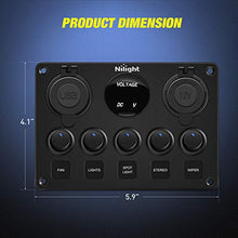 Load image into Gallery viewer, Nilight 90101E 5Gang Multi-Function 5 Gang Rocker Dual USB Charger + Digital Volmeter +12V Outlet Pre-Wired Switch Panel with Circuit Breakers for RV Car Boat Truck Trailer,2 Years Warranty