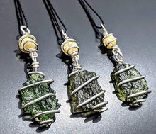 Load image into Gallery viewer, MOLDAVITE & RHODIZITE NECKLACE Wire Wrap 925 Silver on a 19" Durable Black Silk Chain! Metaphysical Reiki Healing Energy Genuine Czech Synergy 12 Crystal Pendant Tektite!