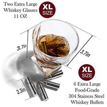 Load image into Gallery viewer, Whiskey Bullet Stones Premium Gift Set By Frolk, Set Of 6 Extra Large Stainless Steel Whiskey Stones, 2 Large Twisted Whiskey Glasses (11 oz), Freezer Base, Velvet Pouch & Tongs In Novelty Wooden Box