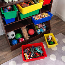 Load image into Gallery viewer, KidKraft Wooden Wall Storage Unit with 8 Plastic Bins and 13 Compartments, Espresso, Gift for Ages 3+
