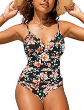 Load image into Gallery viewer, Hilor Women's One Piece Swimsuits Front Twist Swimwear V Neck Shirred Bathing Suit Monokini Black Floral 10