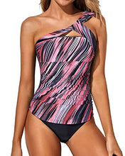 Load image into Gallery viewer, Tempt Me Pink Striped Two Piece Tankini Bathing Suits for Women One Shoulder Swim Top with Shorts Swimsuits L