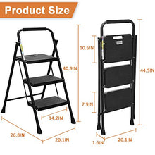 Load image into Gallery viewer, HBTower 3 Step Ladder, Folding Step Stool with Wide Anti-Slip Pedal, 500lbs Sturdy Steel Ladder, Convenient Handgrip, Lightweight, Portable Steel Step Stool, Black