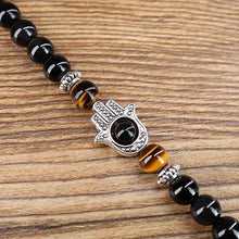 Load image into Gallery viewer, COAI 108 Mala Beads Black Obsidian Tiger Eye Stone Hamsa Hand Bracelet Necklace