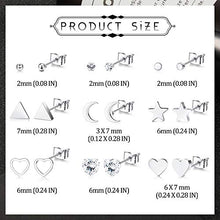 Load image into Gallery viewer, Magitaco 9 Pairs Stud Earrings Surgical Steel Dainty Small Heart Moon and Star Earrings Minimalist Geometric CZ Silver Ball and Triangle Earrings Sets for Women Men