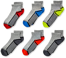 Load image into Gallery viewer, Fruit of the Loom Boys 6-Pair Half Cushion Ankle Socks, Gray Assort, Large (Shoe Size: 3-9)