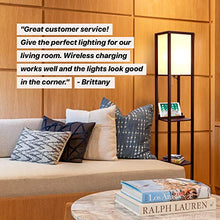 Load image into Gallery viewer, Brightech Maxwell Shelf Floor Lamp w. Wireless Charging Station, USB Port & Outlet - Column Lighting For Bedrooms, Offices & Living Rooms - Contemporary Skinny Nightstand & Tower Light - Brown