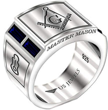 Load image into Gallery viewer, US Jewels And Gems Men's Blue Lodge 0.925 Sterling Silver Simulated Sapphire Freemason Masonic Ring, Size 12