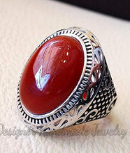 Load image into Gallery viewer, Aqeeq man ring natural liver agate natural red onyx ring semi-precious red stone oval heavy sterling silver arabic middle eastern turkey style