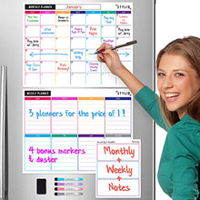 Load image into Gallery viewer, STYLIO Dry Erase Calendar Whiteboard. Set of 3 Magnetic Calendars for Refrigerator: Monthly, Weekly Organizer & Daily Notepad. Wall & Fridge Family Calendar. 4 Fine Point Markers & Eraser Included