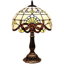 Load image into Gallery viewer, Bieye L10641 Baroque Tiffany Style Stained Glass Table Lamp Night Light with 12 inches Wide Lampshade Metal Base for Bedside Living Room Bedroom, Brown, 18-inch Tall