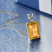Load image into Gallery viewer, Gem Stone King Sterling Silver Yellow Citrine and White Diamond Pendant Necklace (8.22 cttw Gemstone Birthstone Emerald Cut 14X10MM with 18 Inch Silver Chain)