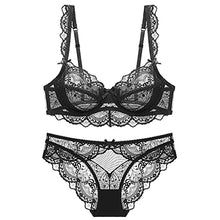 Load image into Gallery viewer, Women’s Floral Lace Lingerie Set Non Padded Underwired Unlined Sexy Bra and Panty Set(Black,30E)