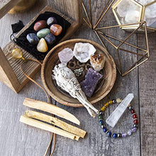 Load image into Gallery viewer, White Sage, Palo Santo Wood & Crystal Healing Kit (17Pc) ~ Smudge Stick, Palo Santo Sticks, Raw Crystals, Quartz Obelisk, 7 Chakra Stones, +Bracelet & Spiral Pendant Necklace w COA & Info Card