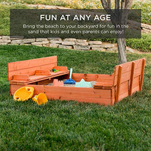 Load image into Gallery viewer, Best Choice Products 47x47in Kids Large Wooden Sandbox for Backyard, Outdoor Play w/Cedar Wood, 2 Foldable Bench Seats, Sand Protection, Bottom Liner - Brown