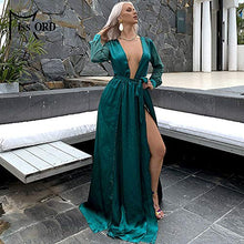 Load image into Gallery viewer, Miss ord Women's Deep V Long Sleeve Slim Split Maxi Dress with Belt (Small, Green)