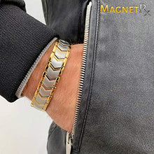 Load image into Gallery viewer, MagnetRX® Ultra Strength Magnetic Bracelet - Arthritis Pain Relief & Carpal Tunnel Relief Magnetic Therapy Bracelets for Men - Adjustable with Sizing Tool (Silver & Gold)