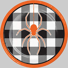 Load image into Gallery viewer, Halloween Party Supplies, Spider & Buffalo Plaid Design, 16 Guests, 129 Pieces, Disposable Paper Dinnerware, Plate, Napkin, Cups, Cutlery and Table Cover Set