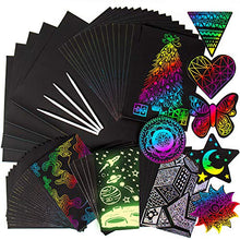 Load image into Gallery viewer, Made By Me Horizon Group USA Scratch Art 60 Pieces Variety Pack. Glow in The Dark, Holographic, Rainbow & Die Cut Sheets. 4 Scratching Tools Included.Black Scratch it Off Art & Crafts Sheets