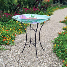 Load image into Gallery viewer, Peaktop 3200670 Outdoor Hand-Painted Hummingbird Fusion Glass Solar Birdbath Bowl Feeder with LED Light and Metal Legs for Patio Garden Backyard, 18-Inch, Blue and Pink