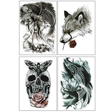 Load image into Gallery viewer, Playmax 8 Sheets of Stylish Waterproof Large Snake Koi Fish Skull Owl Wolf Mechanical Arm Devil Biker Gym Lover Body Arms Shoulders Chest Back Temporary Tattoo Stickers for Teens Guys Boys Men