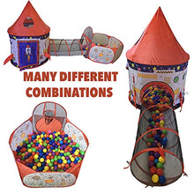 Load image into Gallery viewer, Playz 3pc Rocket Ship Astronaut Kids Play Tent, Tunnel, & Ball Pit with Basketball Hoop Toys for Boys, Girls, Babies, and Toddlers - STEM Inspired Educational Galactic Spaceship Design w/ Planets