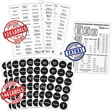 Load image into Gallery viewer, Set of 12 Magnetic Spice Tins with 12 Window-Top Sift and Pour Lids, 269 Preprinted Seasoning Label Stickers in 2 Styles for 3 oz Herb Jars