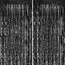 Load image into Gallery viewer, Fecedy 2pcs 3ft x 8.3ft Black Metallic Tinsel Foil Fringe Curtains Photo Booth Props for Birthday Wedding Engagement Bridal Shower Baby Shower Bachelorette Holiday Celebration Party Decorations
