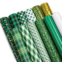 Load image into Gallery viewer, Whaline 12Pcs St. Patrick's Day Faux Leather Sheet Green Plaid Shamrock Clover Lichee Pattern Synthetic Leather Glittery Green Gold Fabric Crafts for Earring Hair Bow Holiday Craft Gift DIY, 8 x 12"