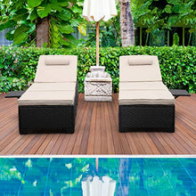 Load image into Gallery viewer, Outdoor PE Wicker Chaise Lounge - 2 Piece Patio Black Rattan Reclining Chair Furniture Set Beach Pool Adjustable Backrest Recliners with Khaki Cushions