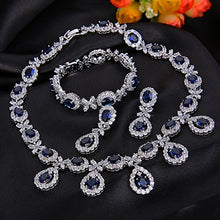 Load image into Gallery viewer, EVER FAITH Silver-Tone CZ Floral Leaves Water Drop Necklace Earrings Bracelet Set Blue Sapphire-Color