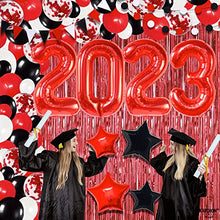 Load image into Gallery viewer, Huge, Happy New Year Decorations 2023 - Pack of 132 | Red 2023 Balloons, New Years Eve Party Supplies 2023 | New Years Balloon Garland | Red Fringe New Years Backdrop, Red and Black Party Decorations