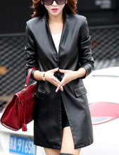 Load image into Gallery viewer, Tanming Womens PU Faux Leather Jacket Casual Lapel Long Suit Trench Coat Outerwear (Black-L)