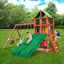 Load image into Gallery viewer, Gorilla Playsets 01-1057 Playmaker Deluxe Wooden Swing Set with Vinyl Canopy Roof, Dual Wave Slides, and Rock Climbing Wall, Redwood Stained Cedar (Amazon Exclusive)