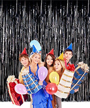 Load image into Gallery viewer, Fecedy 2pcs 3ft x 8.3ft Black Metallic Tinsel Foil Fringe Curtains Photo Booth Props for Birthday Wedding Engagement Bridal Shower Baby Shower Bachelorette Holiday Celebration Party Decorations