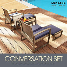 Load image into Gallery viewer, LOKATSE HOME 5-Piece Wicker Outdoor Conversation Set Patio Furniture PE Rattan All Weather Cushioned Chairs Balcony Porch with Ottoman and Glass Coffee Side Table, Blue