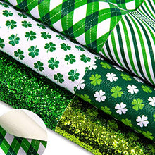 Load image into Gallery viewer, Whaline 12Pcs St. Patrick's Day Faux Leather Sheet Green Plaid Shamrock Clover Lichee Pattern Synthetic Leather Glittery Green Gold Fabric Crafts for Earring Hair Bow Holiday Craft Gift DIY, 8 x 12"
