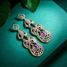 Load image into Gallery viewer, Flyonce Women's Crystal Wedding Retro Hollow Out Teardrop Chandelier Dangle Earrings Iridescent Clear AB Gold-Tone