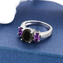Load image into Gallery viewer, Gem Stone King 2.53 Ct Oval Black Onyx & Purple Amethyst 925 Sterling Silver 3-Stone Gemstone Women's Ring (Size 5)