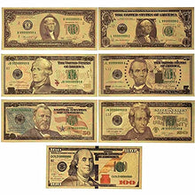 Load image into Gallery viewer, 7PCS Gold Dollar Bills USD 1/2/5/10/20/50/100 Set of Colored Commemorative Coins with Gold Foil