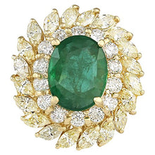 Load image into Gallery viewer, 8.57 Carat Natural Green Emerald and Diamond (F-G Color, VS1-VS2 Clarity) 14K Yellow Gold Luxury Cocktail Ring for Women Exclusively Handcrafted in USA
